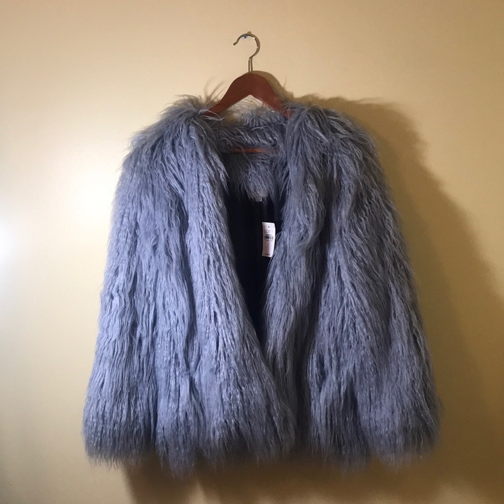 NEW WITH TAG (NWT) LOFT Dusty Blue Faux Fur Jacket